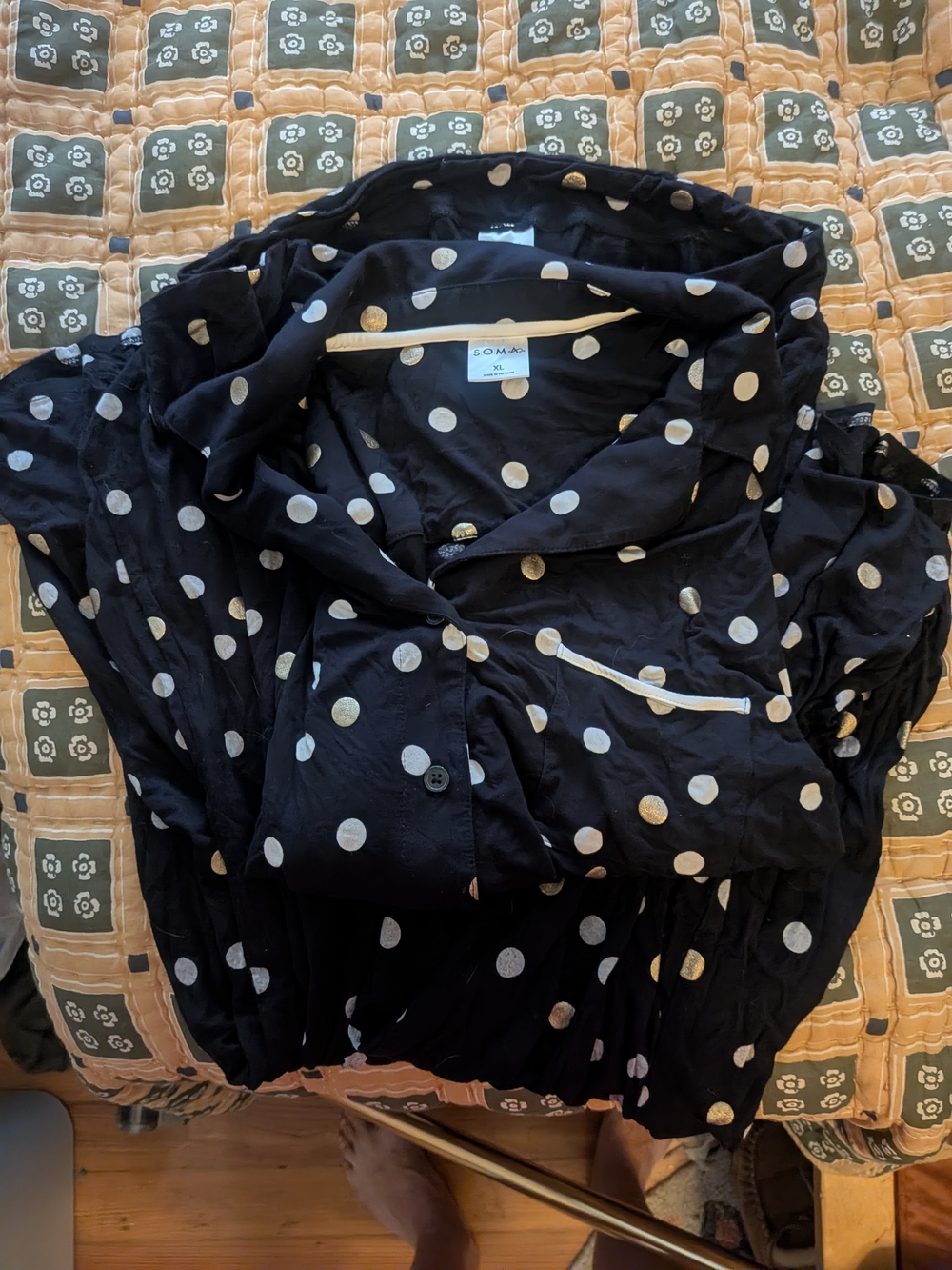 Soma Black Pajamas with Gold and White Polka Dots